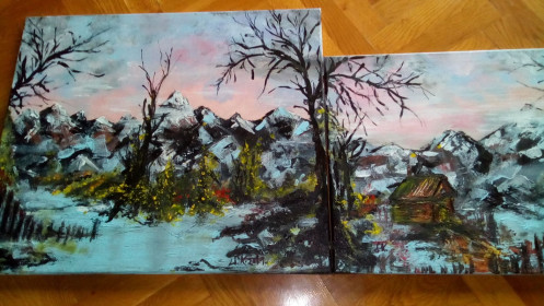 Diptih3 POPLAVA OKO KOLIBE akril na platnu 50 X 60 i 40 x 50