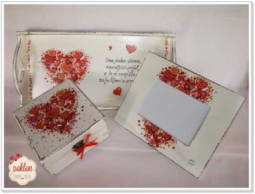 poklon za vjencanje poslužavnik 40x20cm + okvir za foto. 25x20cm +kutija uspomena 16x16cm