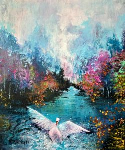 Trinaest godina u službi umjetnosti
Slika Marije Omazić „Tišini jezera”, pejzaž s jezerom i labudom u ekspresivnom koloritu.